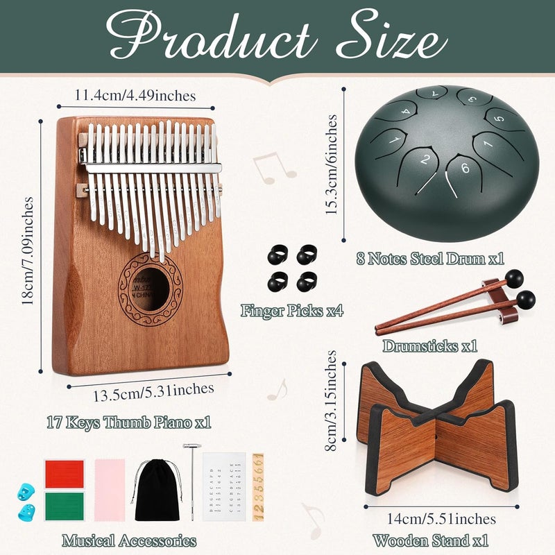 Resholder Rain Drum for Outside Garden Thumb Piano Kalimba Musical Instruments Set 8 Notes 6 Inches Steel Tongue Drum 17 Keys Finger Piano for Adult Beginners Gift for Christmas(Mineral Green) - Image 2